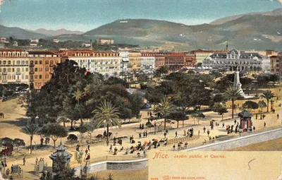 Nice. Jardin public et Casino — vue panoramique avec montagnes en arrière-plan — Édition Louis Glaser, Leipzig, n° 2086