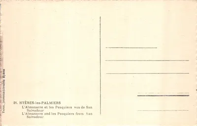 Hyères-les-Palmiers — vue sur L'Almanarre et les Pesquiers depuis San Salvadour — éditeur Taron, journaux-librairie Hyères — 背面
