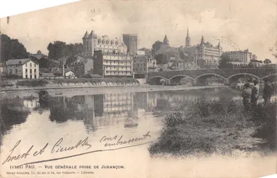 Vue générale prise de Jurançon — Pau, avec pont et bâtiments sur la rive — éditeur Henry Guillier, 31, 42 bis et 44, rue Fonneuve, Libourne