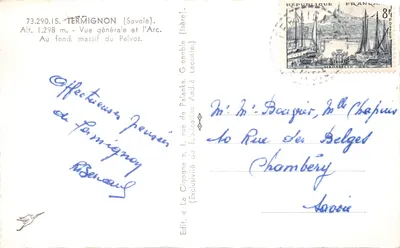 Termignon (Savoie) — vue générale et l'Arc, massif du Pelvoz — La Cigogne, n°73.290.15 — Verso