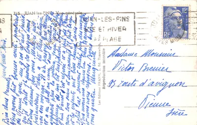 Juan-les-Pins — vue générale du bord de mer et du parc — Éditions FRANK, n°715 — Verso