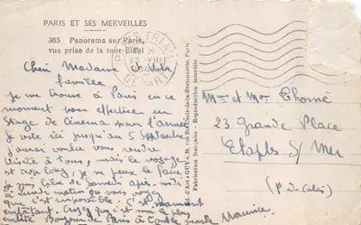 Paris et ses merveilles — Panorama sur Paris, vue prise de la tour Eiffel — Éditeur GUY, n° 365 — Verso