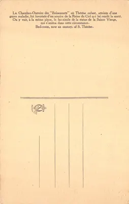 Chambre-Oratoire des Buissonnets — intérieur orné d'une statue de la Vierge et d'un autel — éditeur DECOSS — Verso