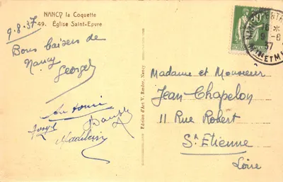 Nancy - Église Saint-Épvre — vue de la façade et du clocher gothique avec fontaine au premier plan, éditeur V. Reeder — 背面