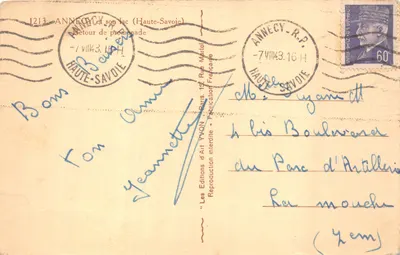 Anneyce et son lac (Haute-Savoie) — vue d'un vapeur sur le lac avec montagnes en arrière-plan — Éditions d'Art YVON, n°1213 — 裏面