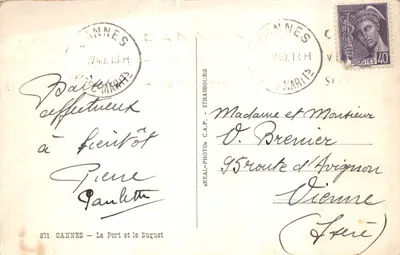 Port Cannes — widok portu z jachtami i łodzią wiosłową — wydawca C.A.P. STRASBOURG n°271 — Rewers