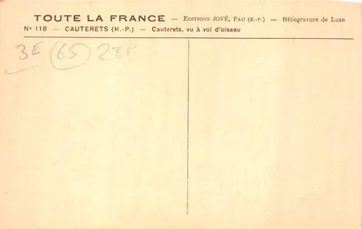 Cauterets — vue à vol d’oiseau — Éditions Jové, Pau (B.P.) — N° 118 — 背面