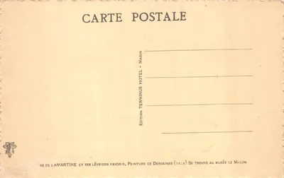 Sé de Lamartine et ses lévriers favoris — Peinture de Descaines (1829) — Édition Terminus Hotel, Macon — Verso