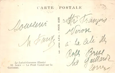 Le Pont Canal sur la Garonne — Agen — éditeur Les Arts A.P.A. POUX ALBI — Verso