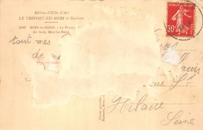 Le Tréport - Mers-Eu — vue du port et du quai avec falaise en arrière-plan — éditeur Mertier — Verso