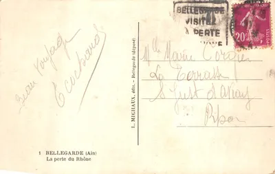 La perte du Rhône — vue en contrebas d'un barrage et d'un cours d'eau entre falaises boisées — L. MICHAUX, édit. (n°1) — पीछे