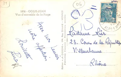Golfe-Juan — Vue d'ensemble de la Plage — Édition « A CICOGNE » — Verso
