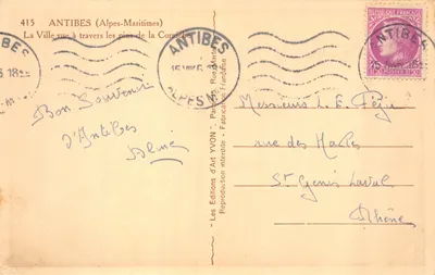 Antibes — Vista da cidade através dos pinheiros da Corniche — Les Editions d'Art YVON, n.º 415 — Verso