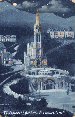 Basilique Notre-Dame de Lourdes, la nuit — éditeur Viron, phot.édit. Lourdes, n° 28