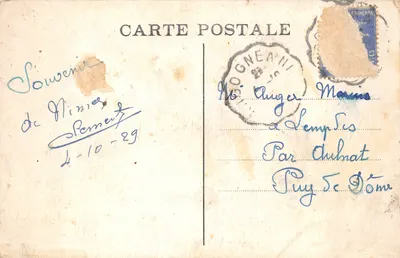 Nîmes — Praça Dandet — estátua no centro de uma fonte com cisne, diante do Hotel du Midi de la Poste — Verso