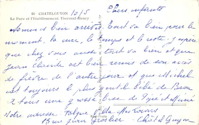 Le Parc et l'Établissement Thermal Henry — Châtelguyon — éditeur Cie des Arts Photographiques — पीछे