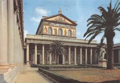 Basilique de Saint-Paul-hors-les-murs — façade ornée de fresques et colonnades, avec palmiers et statue — éditeur RICORDI Officine Grafiche S.p.A. Milano