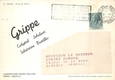 Place Saint-Pierre — vue de la basilique et de l'obélisque — Laboratoire Roger Bellon, imprimé en Italie — पीछे