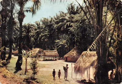 Village africain — scène de vie quotidienne avec huttes en chaume — éditeur HOA-OUT, n° 4.265