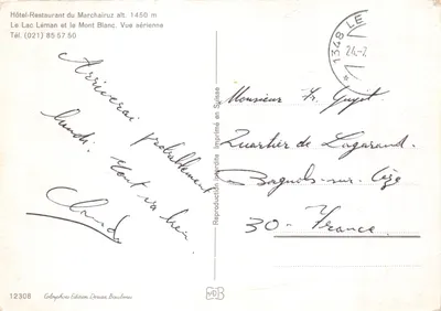 Hôtel-Restaurant du Marchairuz — vue aérienne du Lac Léman et du Mont Blanc — éditeur Colorphoto Edition Deriaz Baulmes, n° 12308 — पीछे