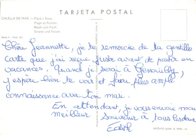 Calella de Mar — Plage et rocher — Éditeur Fabregat, série II n°211 — पीछे