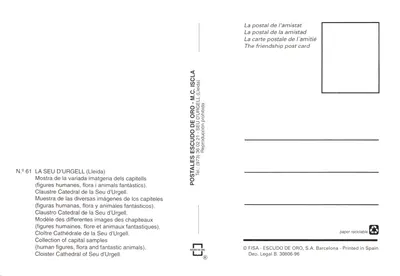 Capitelles du XIIIe siècle — Cloître de la Cathédrale de Seu d'Urgell — Éditeur ESCUDO DE ORO, n° 61 — पीछे