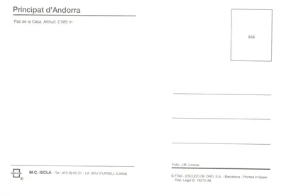 Pas de la Casa — vue panoramique du village enneigé — éditeur FISA - ESCUDO DE ORO, S.A — पीछे