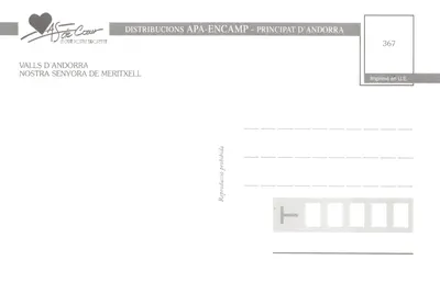 N.S. DE MERITXELL — statue de la Vierge à l'Enfant assise — éditeur DISTRIBUTUCIONS APA-ENCAMP - PRINCIPAT D'ANDORRA, n° 367 — पीछे