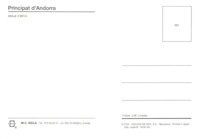 Andorre — paysages et monuments (rivières, édifice moderne, vallée, statue) — ESCUDO DE ORO, n° 961 — पीछे