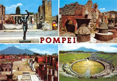 Pompei — vue panoramique des ruines, du théâtre et du mont Vésuve — éditeur VI.MAR. di SCALOGNA V. & F. S.A.S