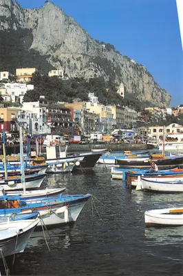Capri — Port de la ville avec bateaux et montagne en arrière-plan — éditeur : Consorzio Produttori Anacapresi
