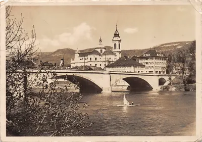 Pont sur le Rhône — vue de Soleure avec église et montagnes — éditeur non visible