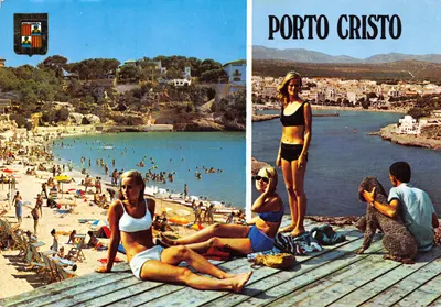 Porto Cristo — vue aérienne de la plage et du port — Éditeur: Escudo de Oro, n° 2611