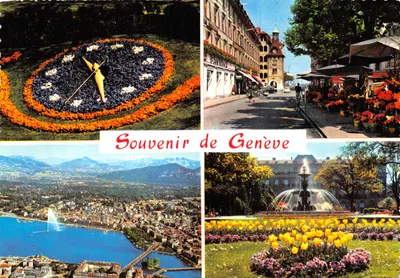 Horloge au printemps — Place du Molard — Vue aérienne — Fontaine du Jardin Anglais — Souvenir de Genève — BOVEY & Cie, Geneve