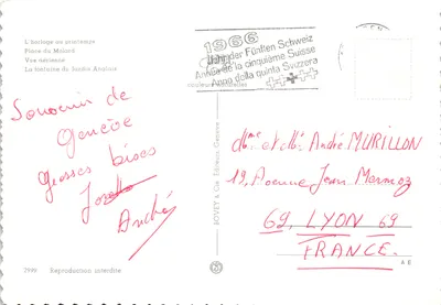 Horloge au printemps — Place du Molard — Vue aérienne — Fontaine du Jardin Anglais — Souvenir de Genève — BOVEY & Cie, Geneve — पीछे