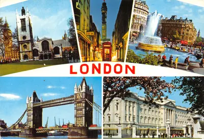 Londres — collage de monuments (Big Ben, Tower Bridge, Buckingham Palace, fontaine, tour de télévision) — Published by Intercolour Vision Ltd