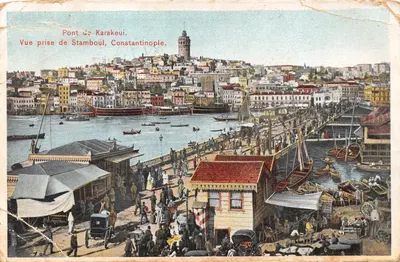 Pont de Karakeui — vue prise de Stamboul, Constantinople — Éditeur Max Fruchtermann, n° 196