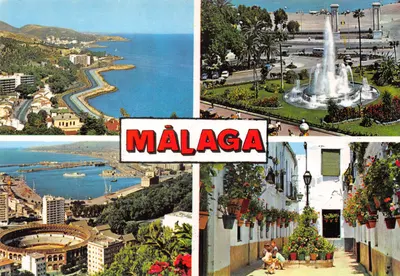 Málaga — vue panoramique, fontaine, port et ruelles fleuries — Ed. Beascoa n°1620