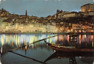 Porto - Portugal — vue nocturne du fleuve avec bateau à rames — éditeur MADE IN PORTUGAL, n° 871