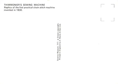 Machine à coudre de Thimonnier — Réplique de la première machine à chain-stitch, 1830 — Éditeur : E. Baylis & Son Ltd — पीछे
