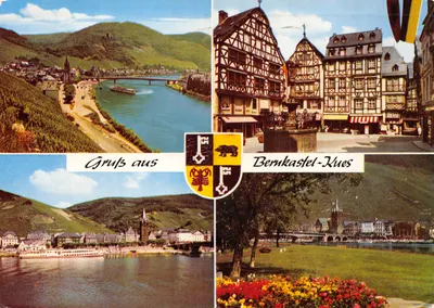 Bernkastel-Kues — vue panoramique du Rhin et des maisons à colombages — éditeur Niko Haas, Trier