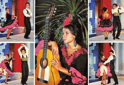 Folklore andalou — Danseurs en costume traditionnel et femme avec guitare — éditeur BASILIO, Danzas de España, n° 11011