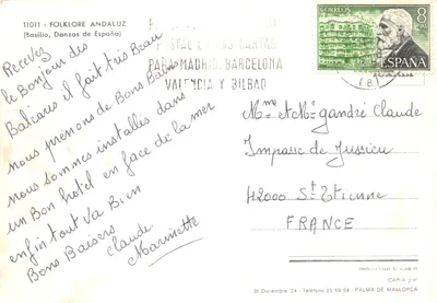 Folklore andalou — Danseurs en costume traditionnel et femme avec guitare — éditeur BASILIO, Danzas de España, n° 11011 — पीछे