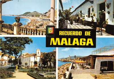 Recuerdo de Málaga — vue de la plage, ruelles fleuries, jardin et terrasse — éditeur Ediciones TISA Barcelona