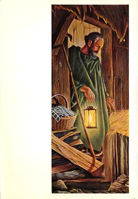 Homme en robe verte — scène intérieure d'une cabane en bois — éditeur Weihachts-Kartenspende der Schweiz, Caritaszentrale Luzern