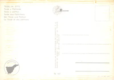 Teide — montagne enneigée vue entre palmiers — éditeur EURIMPEx, n° TE 147 — पीछे
