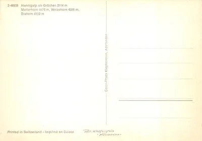 Chapelle de Hannigalp — vue alpine avec le Matterhorn et le Weisshorn — éditeur Klopfenstein, n° 2-46938 — पीछे
