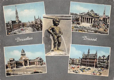 Bruxelles — vue composite de la Grand-Place, du Manneken Pis, du Palais de Justice et de la Bourse — Edition J. Corna