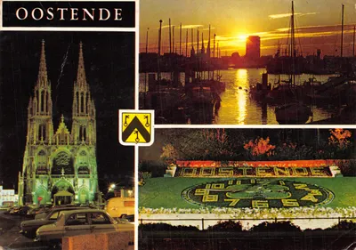 Oostende — Cathédrale et port au coucher du soleil, avec motif floral et blason — éditeur A. Oostende