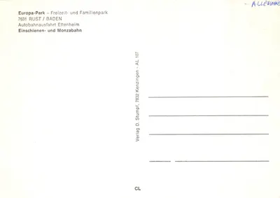 Parc d'attractions Europa-Park — Montagnes russes et voitures à pédales — Verlag D. Stumpf, 7832 Kenzingen - AL 107 — पीछे